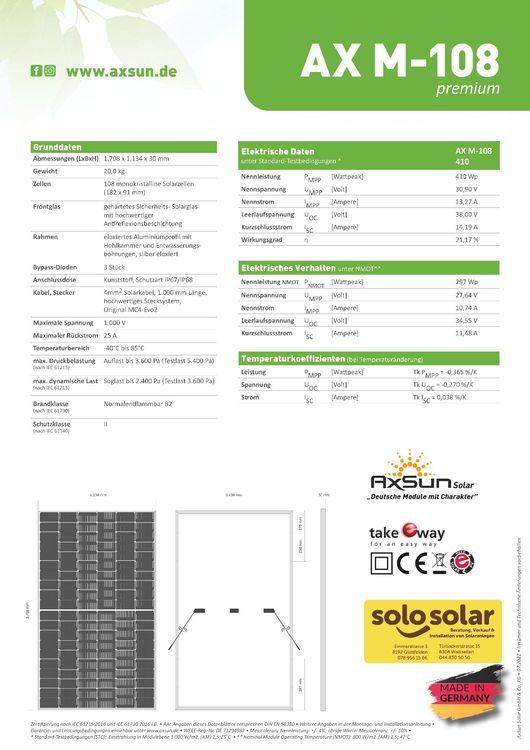 Photovoltaikmodule 410 Watt AxSun aus Deutschland 18 Stück (Neu (gemäss ...