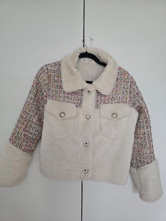 Damen Jacke Tweed Mix mit Plüsch beigefarben Gr M