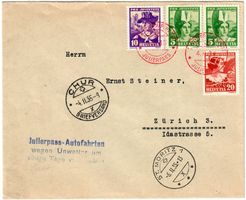 1935, Winteralpenpost Julierpass, Sonderstempel "Verspätung"