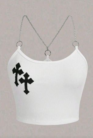 Top court blanc avec chaînes, taille L