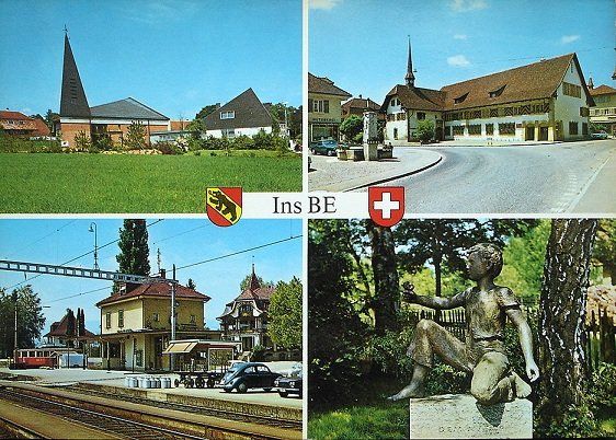 Cartoline postali: 4-Bild-AK INS BE Bahnhof mit Bahn, Auto, VW-Käfer – Usato da Jona venduto da philajona