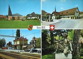 4-Bild-AK INS BE Bahnhof mit Bahn, Auto, VW-Käfer