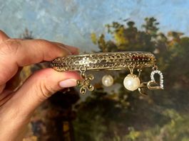 Charm Bangle Bracelet with Pearls and Charms in Gold Tone