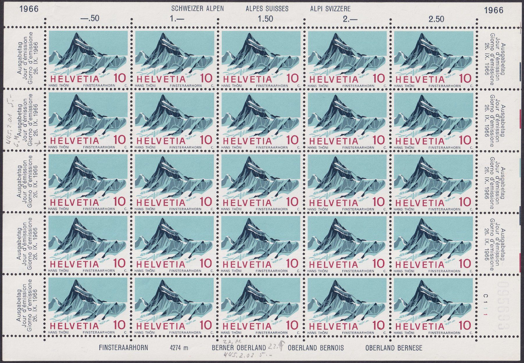 Tutti i francobolli: 1966 Nr.445 (Finsteraarhorn) Kleinbogen postfrisch + Abarten – Usato da Sursee venduto da Luzernerraute