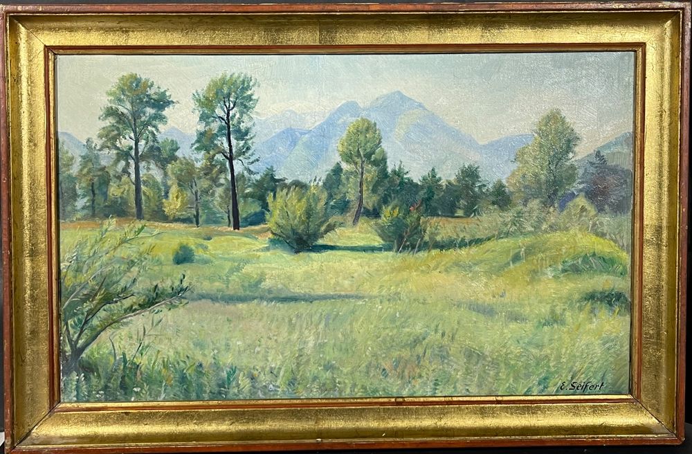 Tableau Huile Sur Carton Karl Seifert *1896 - "Paysage Avec Groupe D'arbres", Style Impressionniste, Encadré