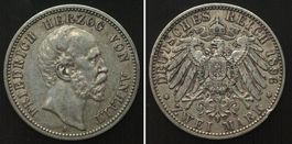 ANHALT 2 Mark 1896 A, FRIEDRICH I. Silber SELTEN! f.vz