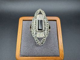 Vintage Art Déco Ring aus 925er Silber schwarzem Onyx, Gr.53