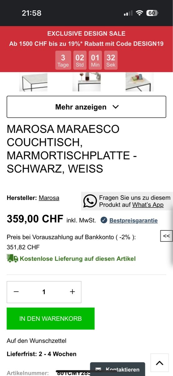 Tavoli: Moderner Couchtisch Marmoroptik, neuwertig – Nuovo (secondo la descrizione) da Aesch BL venduto da Kliana 1