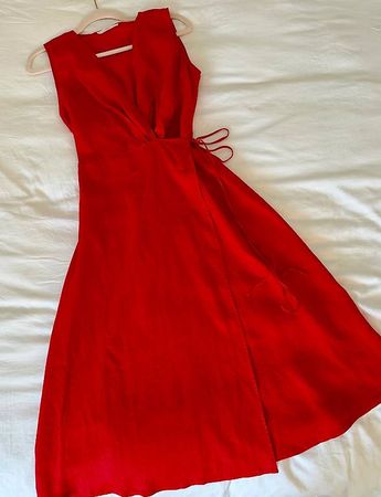 Mango Tomato Rot Damen Leinen Wickelkleid, Gr. S