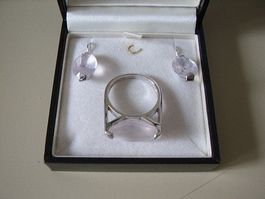 Ring und Ohranhänger  Silber 925 rhodiniert  Rosenquarz