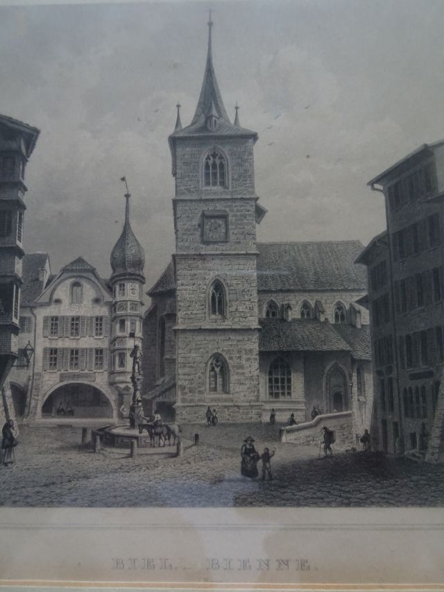 Incisioni: Stahlstich BIEL-BIENNE 34x30cm. Eckvergoldeter Rahmen – Usato da Berikon venduto da Kolophonium43 5