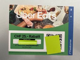 Uber Eats 25.- Rabattcode auf zwei Bestellungen