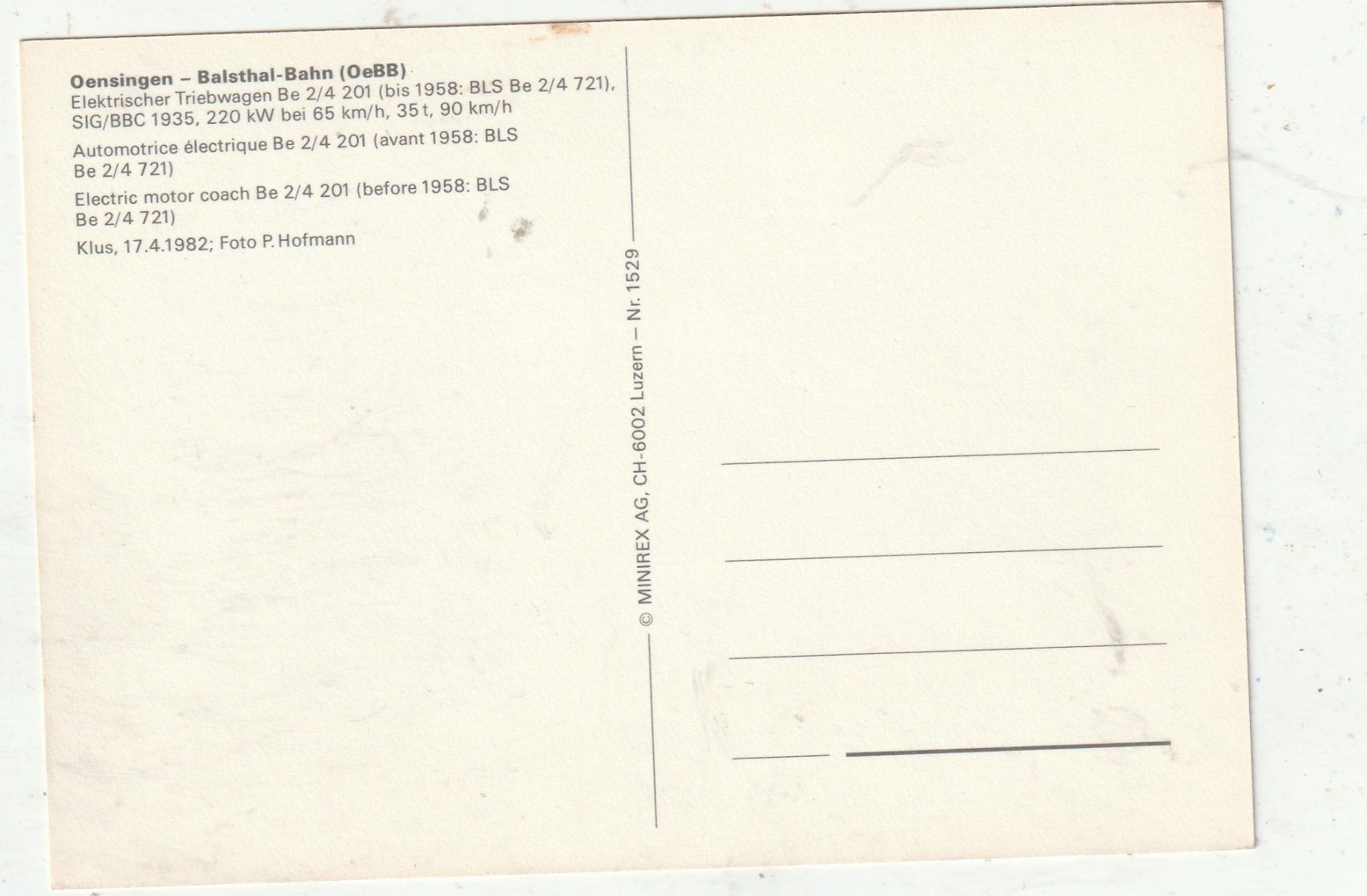 Cartoline postali: Oensingen - Balsthalbahn – Usato da Lumbrein venduto da made02 1