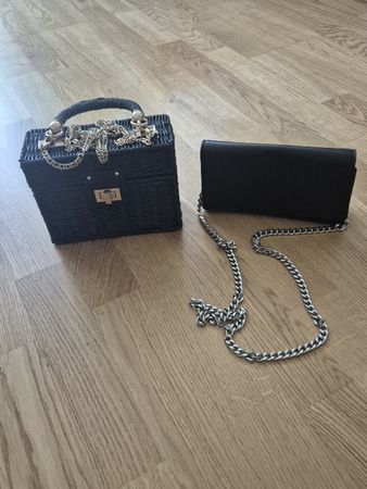 Taschen Set geflochten und Clutch schwarz mit Kette