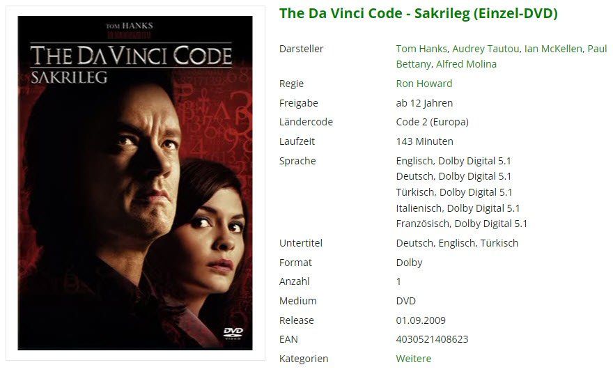 Tutti i DVDs: The Da Vinci Code - Sakrileg (DVD) – Usato da Buchrain venduto da Sssschaller