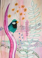 Original Aquarell kleiner Vogel in Fantasiewelt Bild