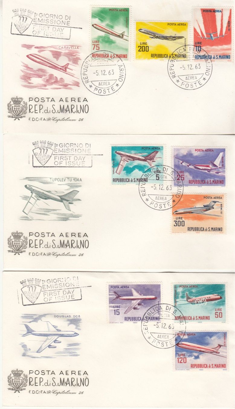Tutti i francobolli: San Marino Flugpost FDC 1963 – Usato da Bürglen TG venduto da StampGraf