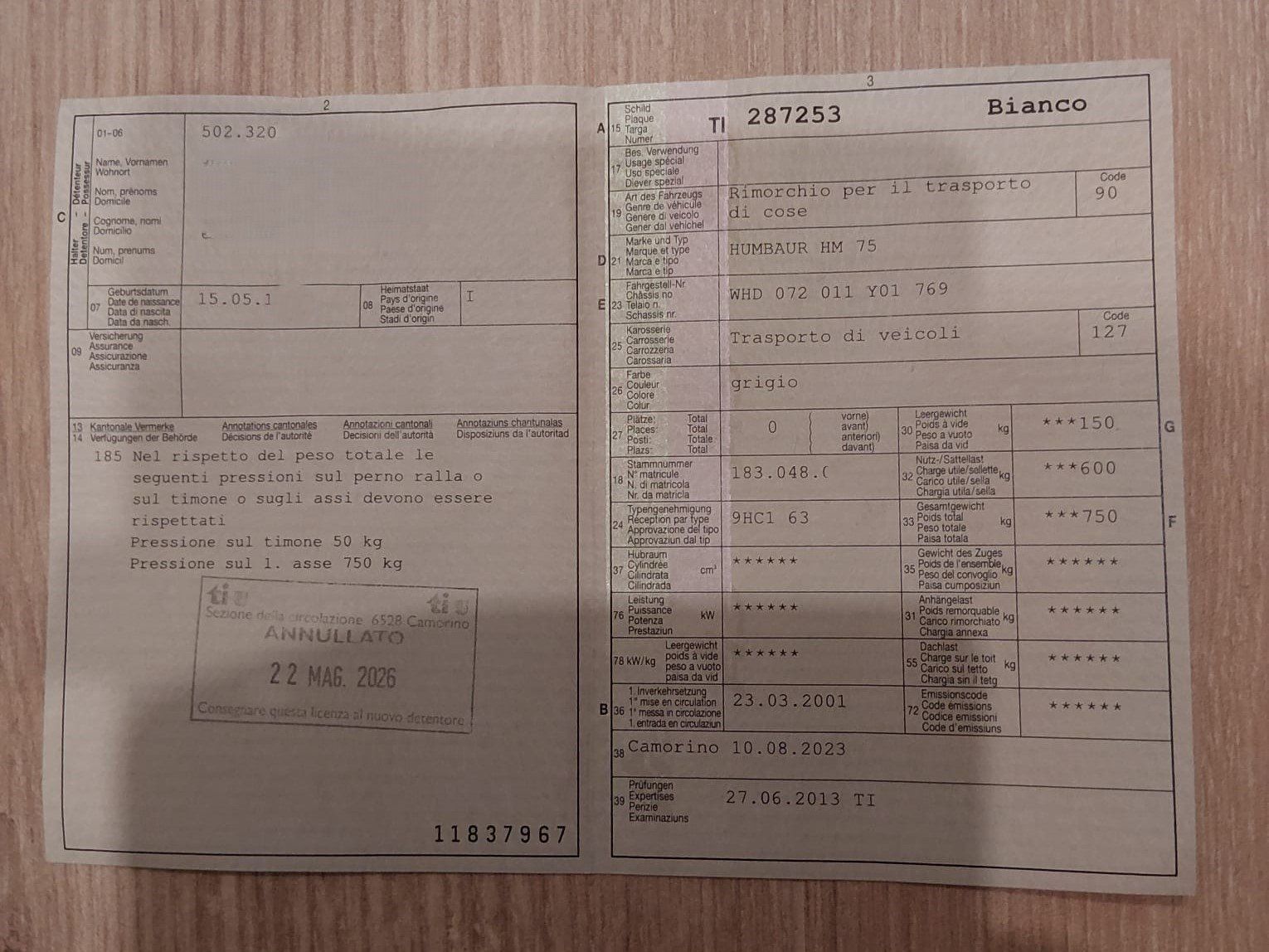 Rimorchi: Rimorchio Humbaur HM 75 – Usato da Coldrerio venduto da amasius_cisco 6