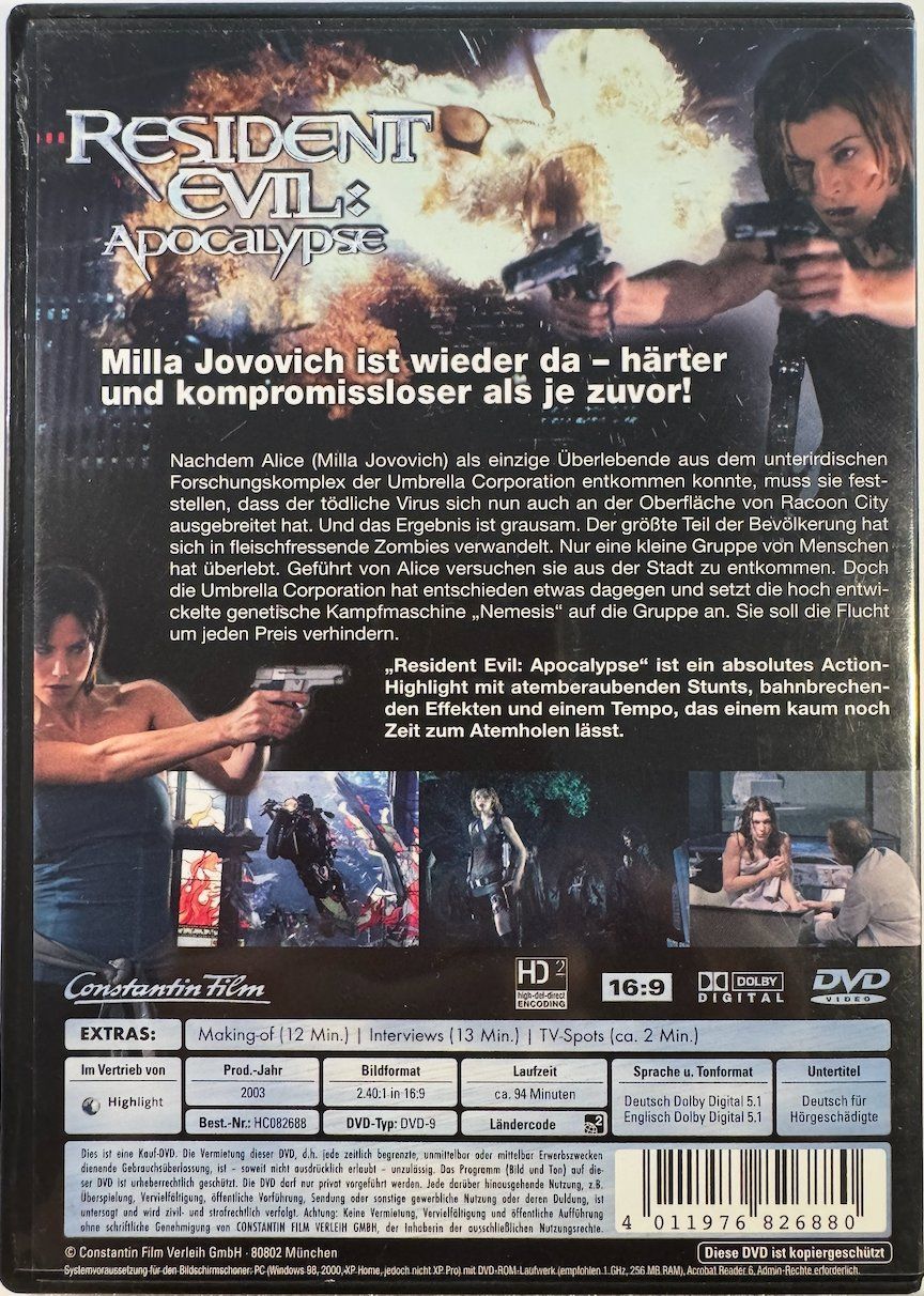 Tutti i DVDs: DVD RESIDENT EVIL - MILA JOVOVICH - APOKALYPSE - EXTENDET V. – Usato da Wisen venduto da gigisna 2