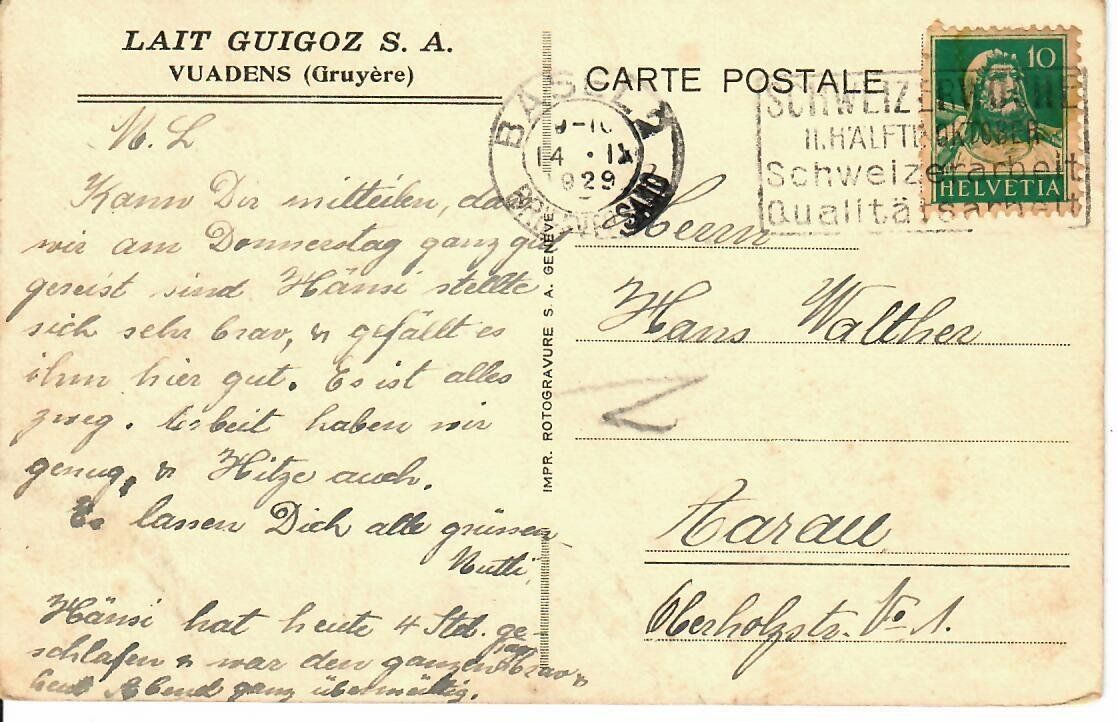 Cartoline postali: AK, Lait Guigoz SA Vuadens 1929 – Usato da Hochdorf venduto da Ziegel-16 1