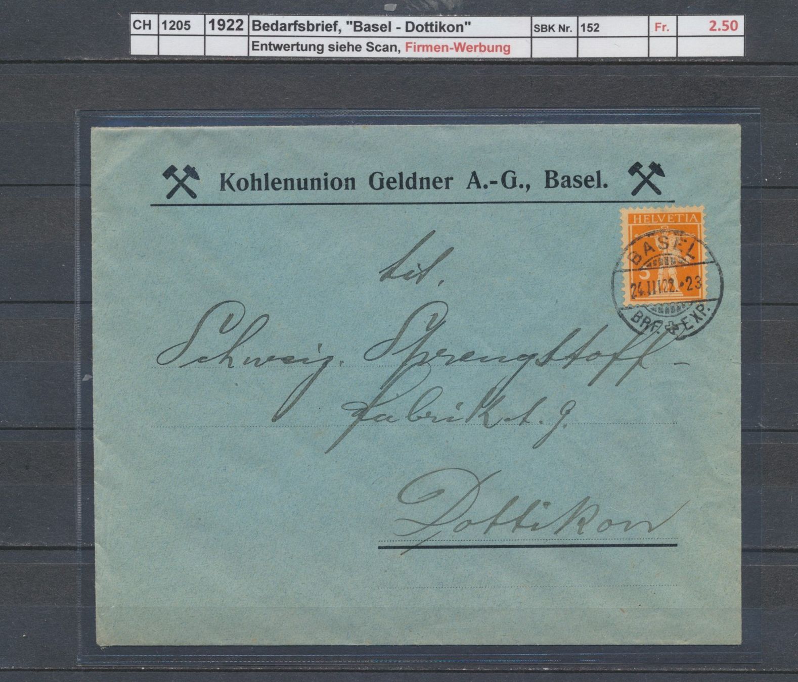 Alle Briefmarken: 1922 Bedarfsbrief, "Basel - Dottikon" – Gebraucht aus Winterthur von Zupogeru