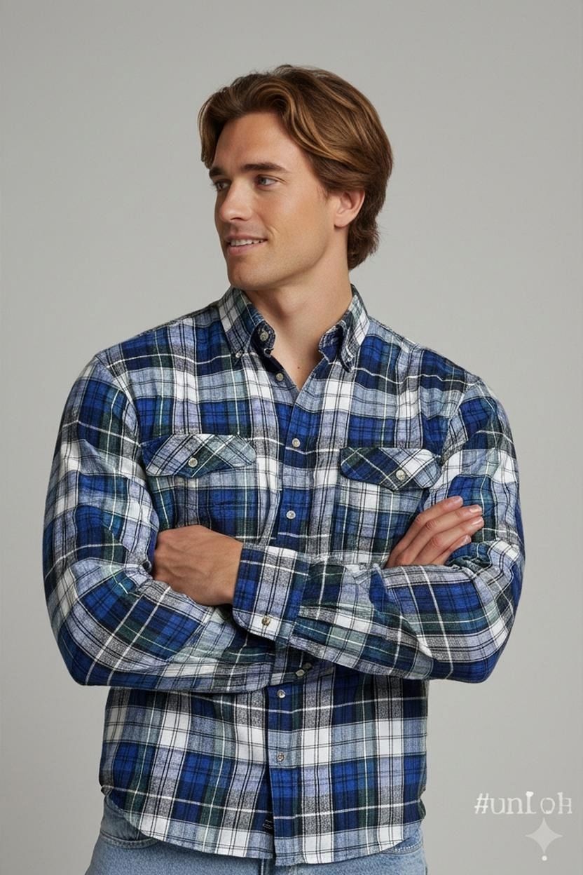 Camicie: Stall & Dean Kariertes Button-Down Flanellhemd - Blau-Weißes – Usato da Zug venduto da vinokilo