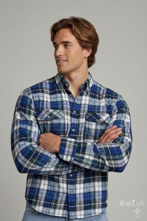 Stall & Dean Kariertes Button-Down Flanellhemd - Blau-Weißes