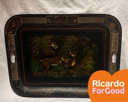 2 Antike asiatisches Lacktablett mit Tiger-Motiv, handbemalt
