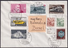 1948, BASEL: 8x10 Rp.-Mischfrankatur unterschied. WERTSTUFEN