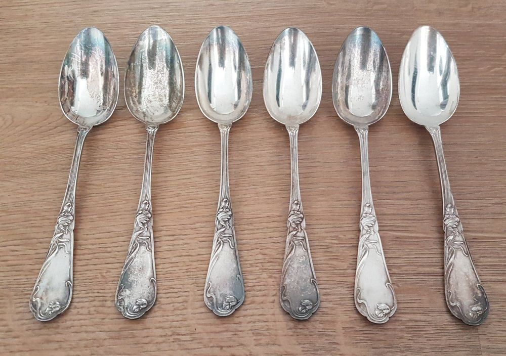 Lot De 6 Cuillères à Dessert Anciennes - Métal Argenté, 2 Poinçons Carrés