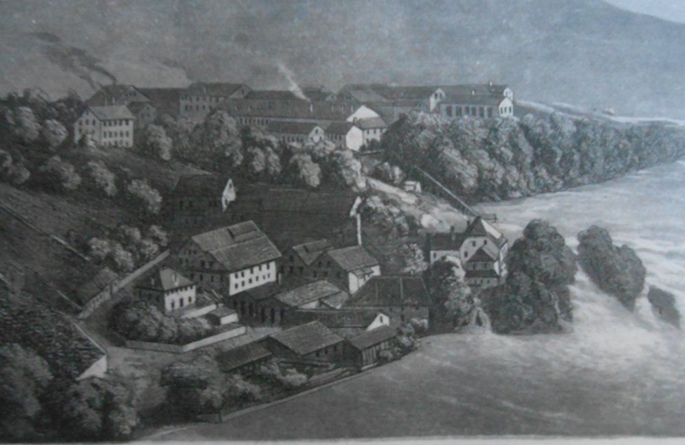 Incisioni: Rheinfall. Kleinformatige Panoramaansicht von 1870. – Usato da Basel venduto da Domba 2