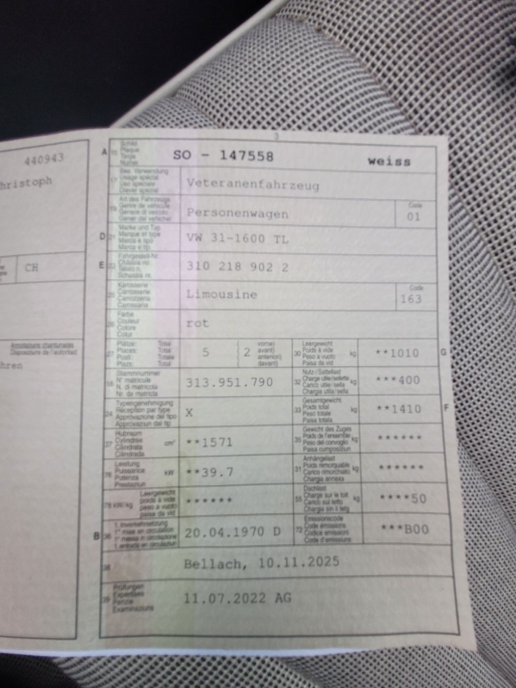 VW Automobili: vw 31-1600 TL type 3/4 – Usato da Laufen venduto da Nachlasverkauf 7