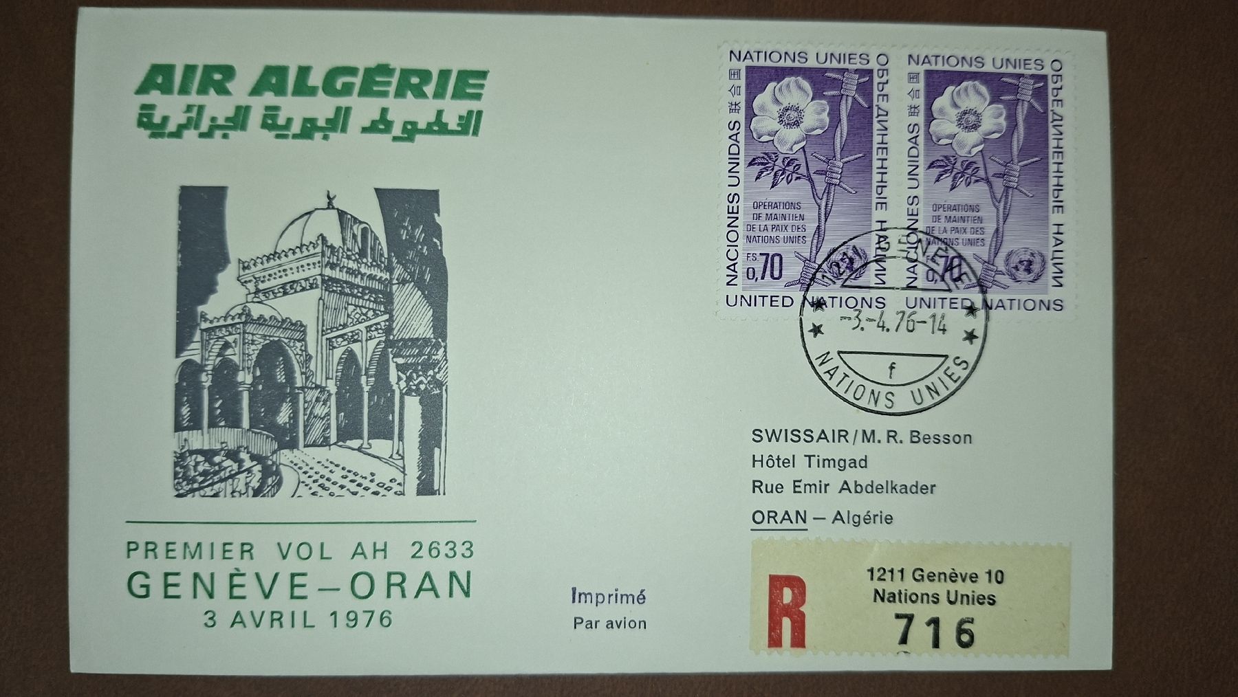 Tutti i francobolli: Swissair Geneve - Oran 03.04.1976 – Usato da Balgach venduto da SIMEON27