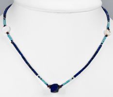 ♛ Echter Türkis, Lapis und Perlmutt Kette 925 Silber