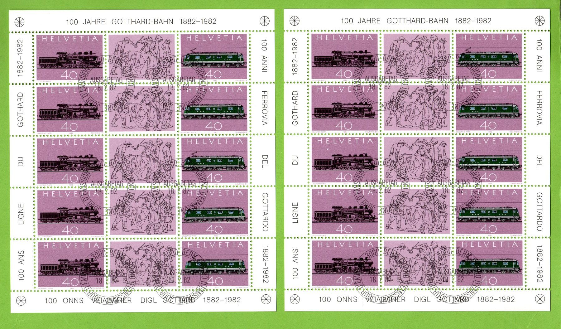 Tutti i francobolli: 1982 - 2 Kleinbogen 100 Jahre Gotthardbahn 1. Tag SBK 20.-- – Usato da Stein am Rhein venduto da Huehnerhund
