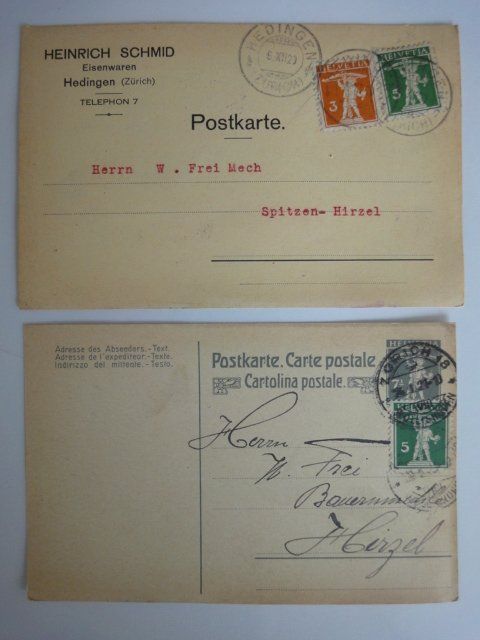 Alle Briefmarken: 2 Stück Postkarten 1920 und 1921 - ab CHF 1.00 – Gebraucht aus Wilen b. Wollerau von 4banger