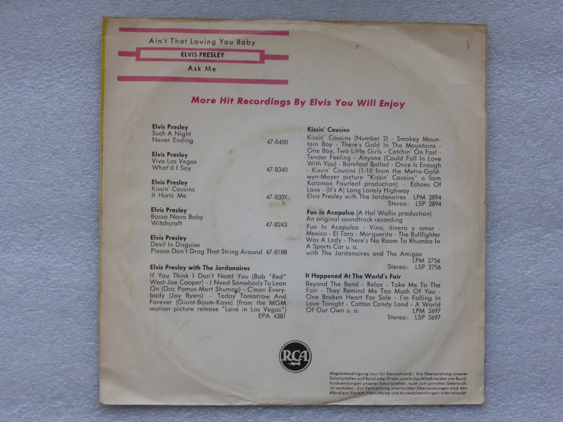 Dischi in vinile: Vinyl Single   ELVIS PRESLEY – Usato da Küssnacht am Rigi venduto da Mondkinder 3