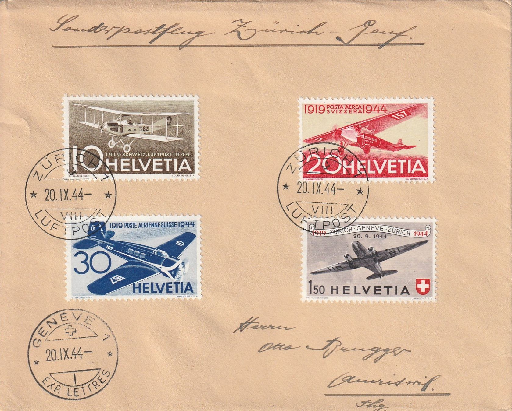 Tutti i francobolli: Flugpost Brief-Zürich-Genf-1944 – Usato da uttwil venduto da koe_z8jm