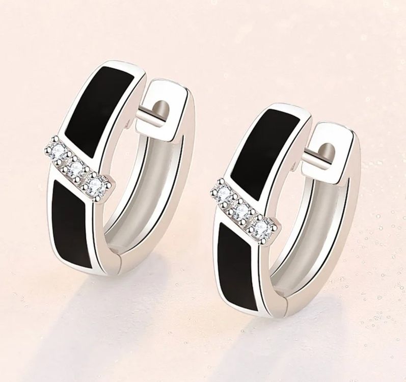 Boucles D'oreilles En Argent 925 Avec Zircon, Onyx Et Camée - Modèle Pendentif Goutte