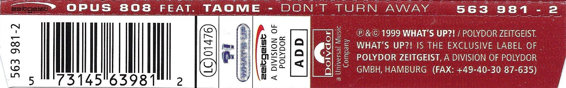 CD: Opus 808 feat. TAOME - Don't turn away CD Single – Usato da Steinhausen venduto da rasuni 3