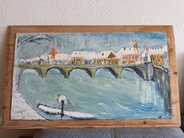 Ölgemälde Winterlandschaft Rhein mit Brücke gerahmt