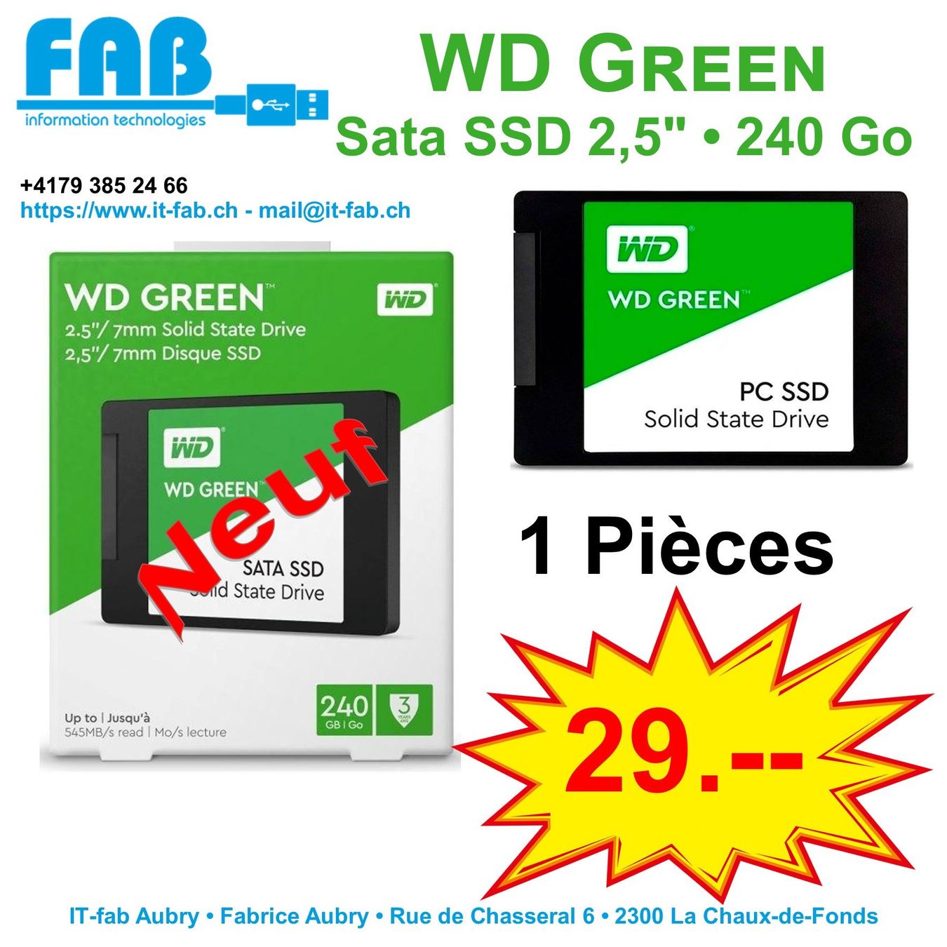 Western Digital Dischi rigidi: SSD 2,5" WD Green 240 Go NEUFS – Nuovo e nell'imballaggio originale da La Chaux-de-Fonds venduto da it-fab