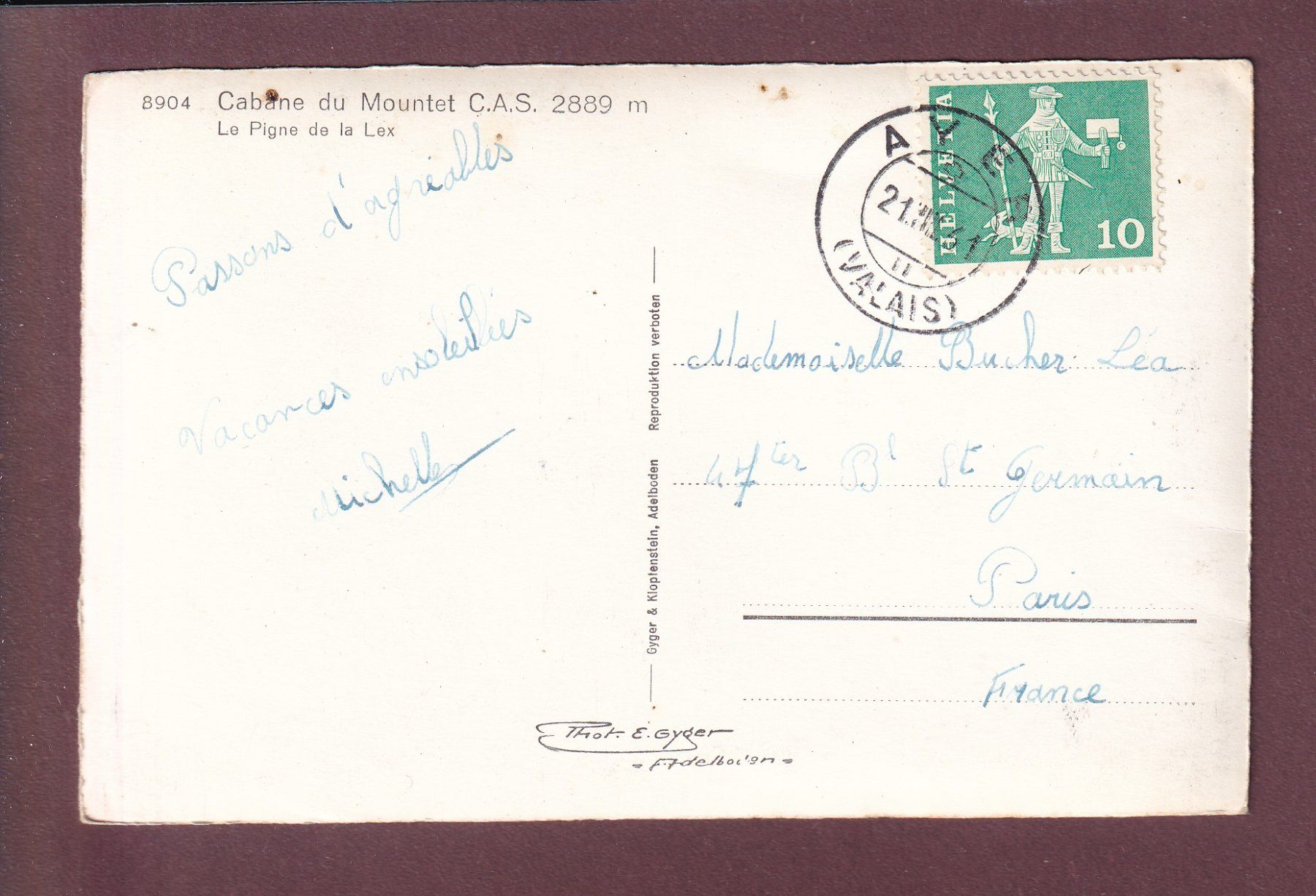 Cartoline postali: Cabane du MOUNTET - Pigne de La Lex - 1961 – Usato da Pully venduto da nicecards 1