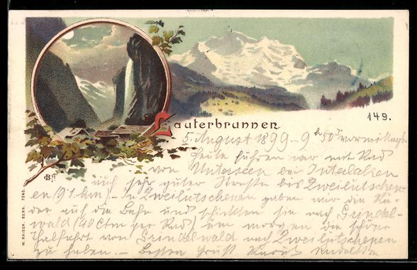 Cartoline postali: Litho Lauterbrunnen, Dorf mit Wasserfall – Usato da Berlin venduto da bartko-reher