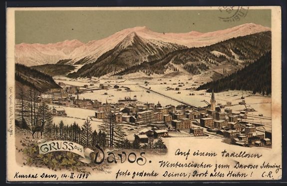 Ansichtskarten: Litho Davos, Teilansicht im Schnee, 1898 – Gebraucht aus Berlin von bartko-reher