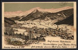 Litho Davos, Teilansicht im Schnee, 1898