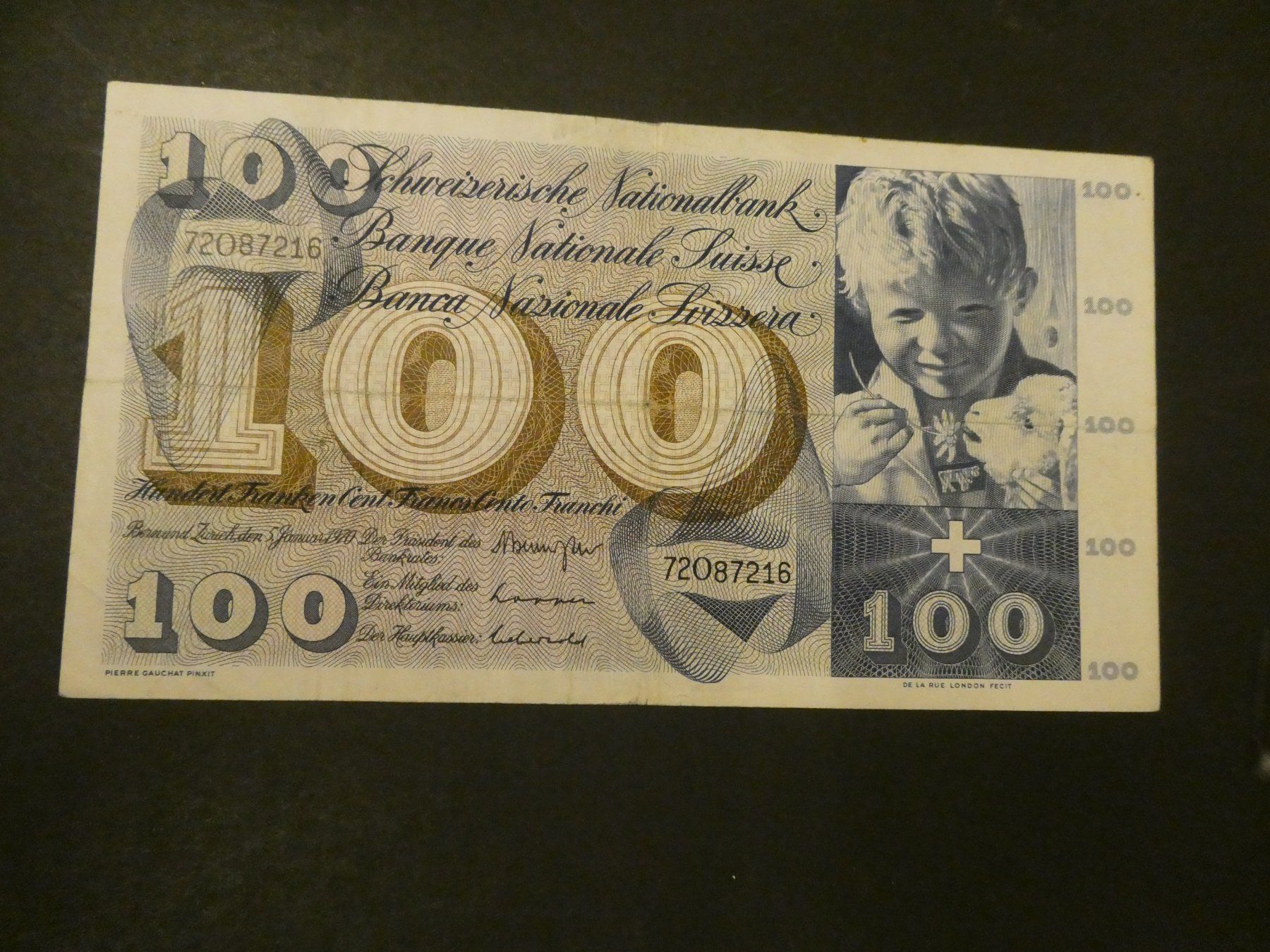 Banknoten: Schweiz 1970, 100 Franken – Gebraucht aus Hinterforst von Rohusri