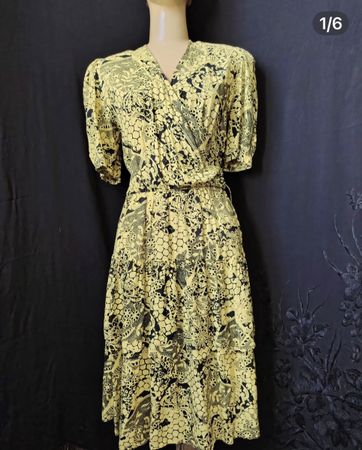1980s vintage make 40s style summer yellow floral dress M-L