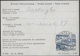 1953 PTT Beleg Gebühr ausserhalb Schalterstunden 40Rp ab 1.-