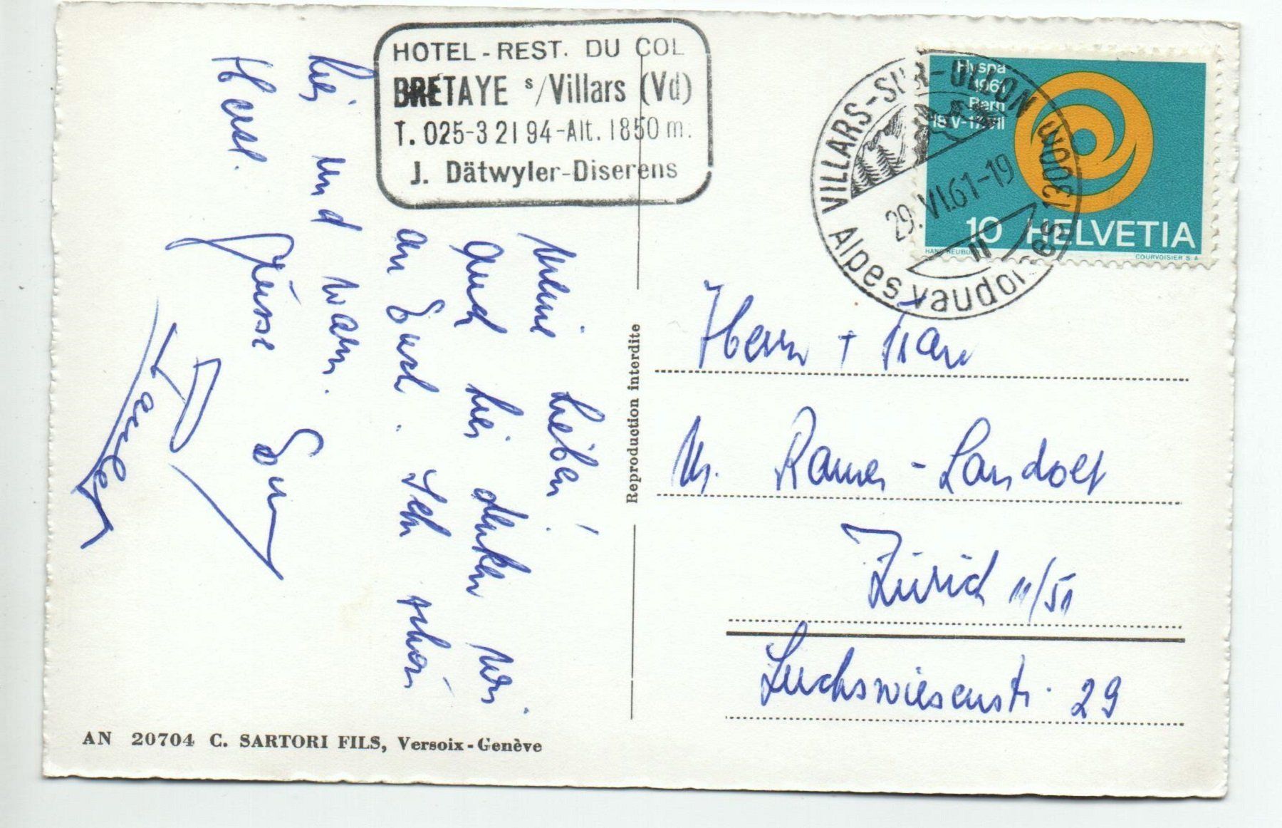 Cartoline postali: Villars COL de BRETAYE Stempel Hotel – Usato da Jona venduto da philajona 1